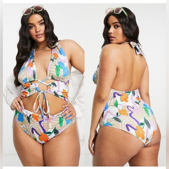 ASOS CURVE Lace-up Floral Swimsuit, Plus Size 22 - Picture 9 of 11